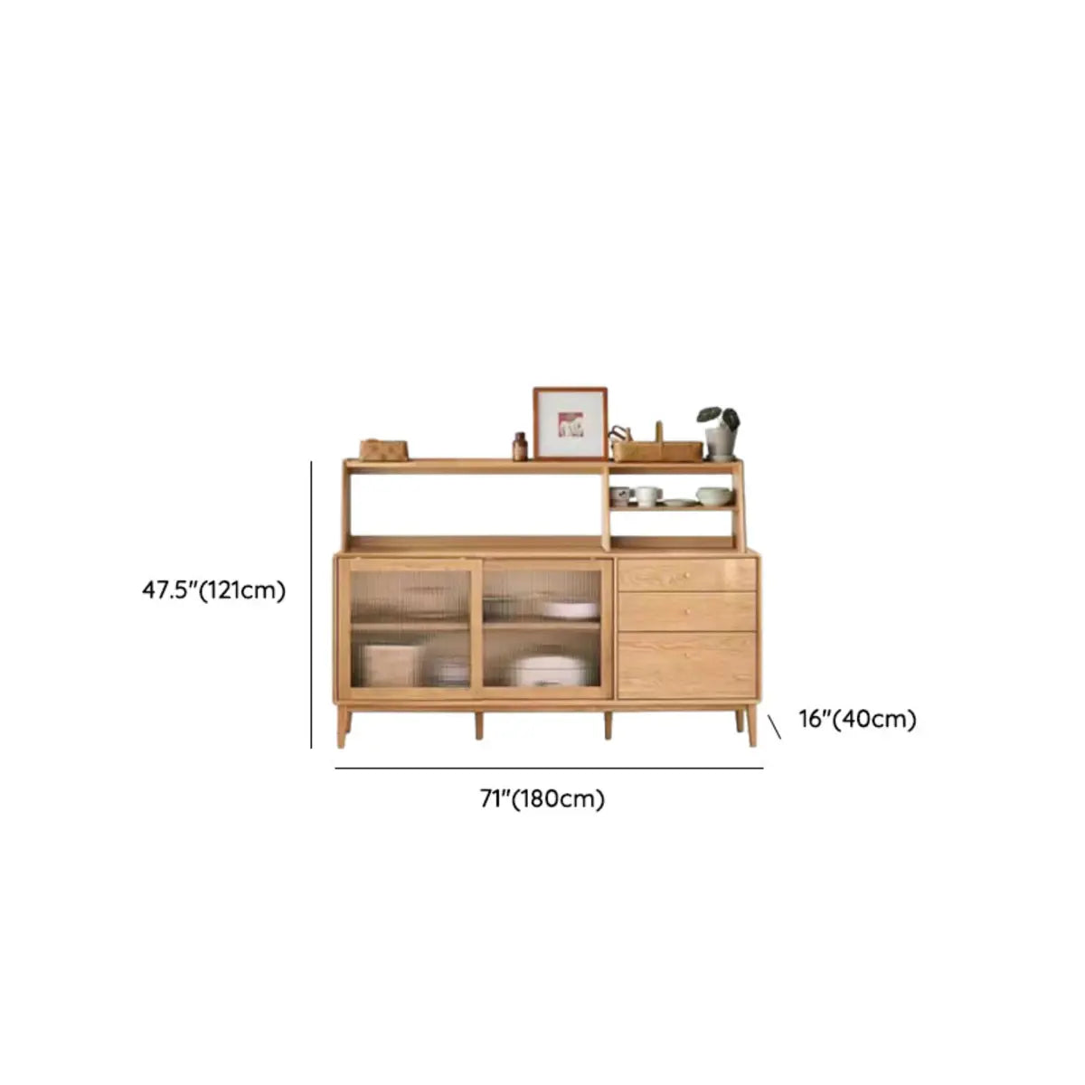 Natural Oak Sliding Door Open Storage Sideboard with Drawers Image - 40