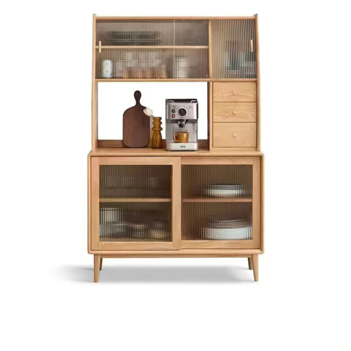 Natural Oak Sliding Door Open Storage Sideboard with Drawers Image - 12