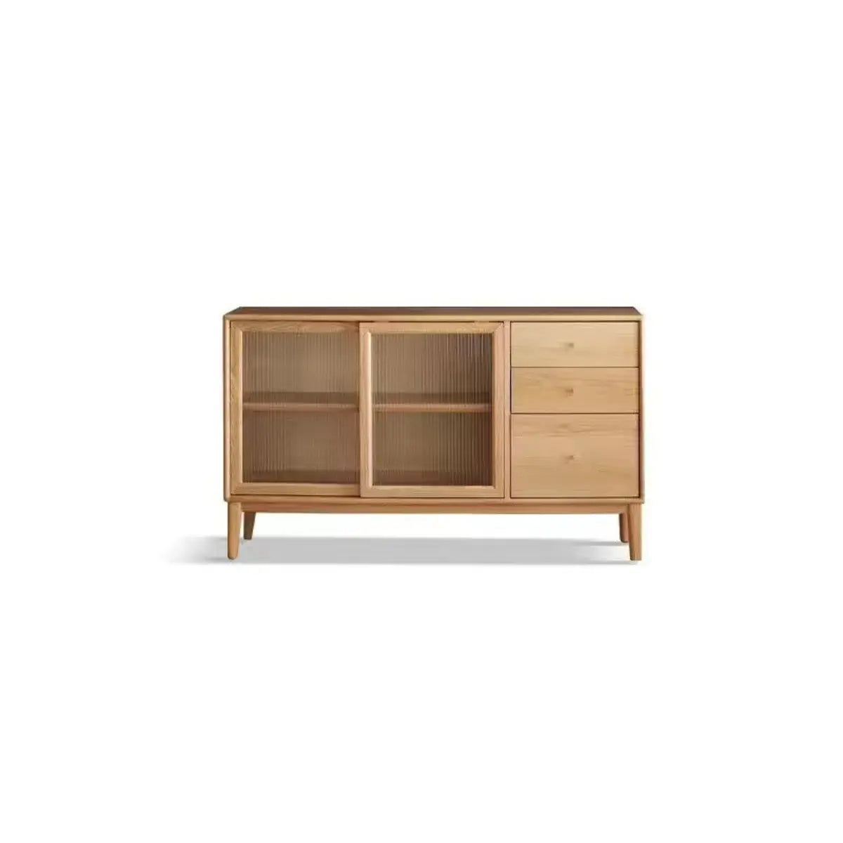 Natural Oak Sliding Door Open Storage Sideboard with Drawers Image - 13