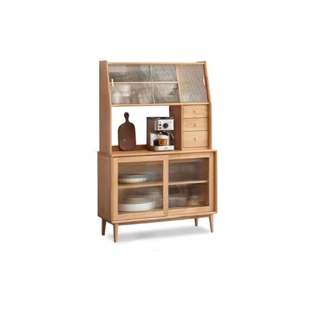 Natural Oak Sliding Door Open Storage Sideboard with Drawers Image - 14