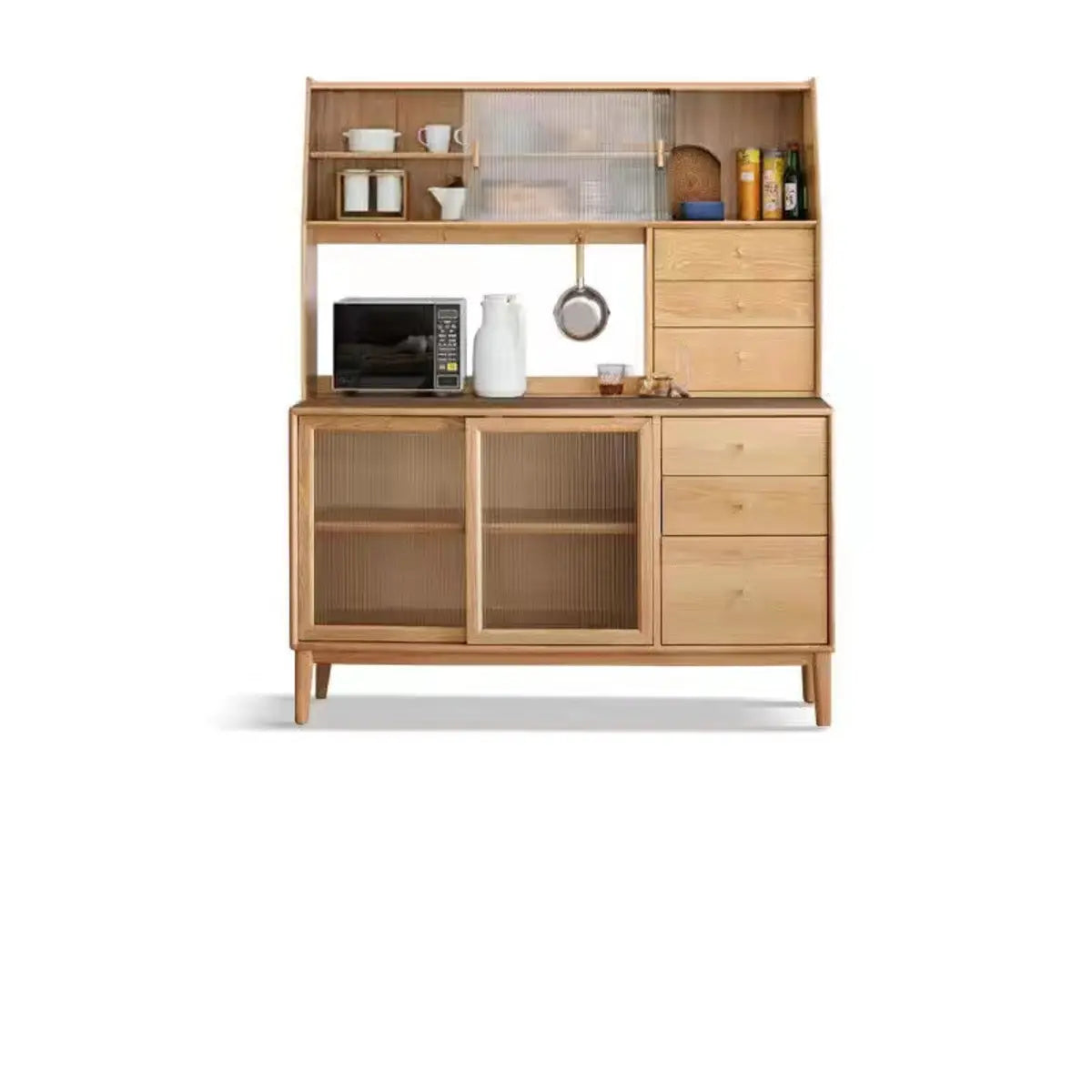 Natural Oak Sliding Door Open Storage Sideboard with Drawers Image - 15