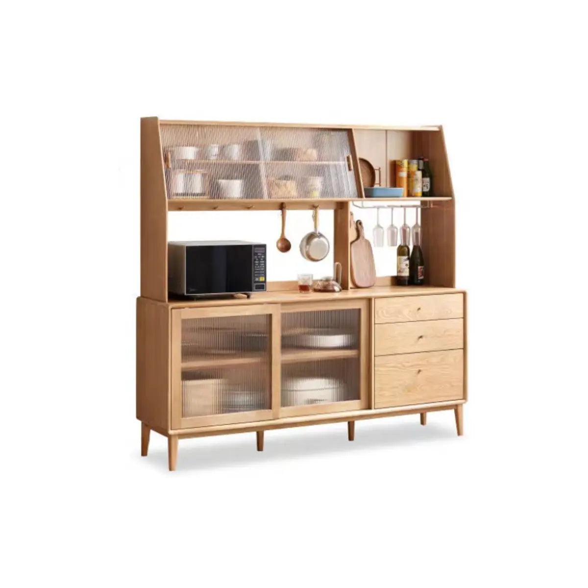 Natural Oak Sliding Door Open Storage Sideboard with Drawers Image - 16