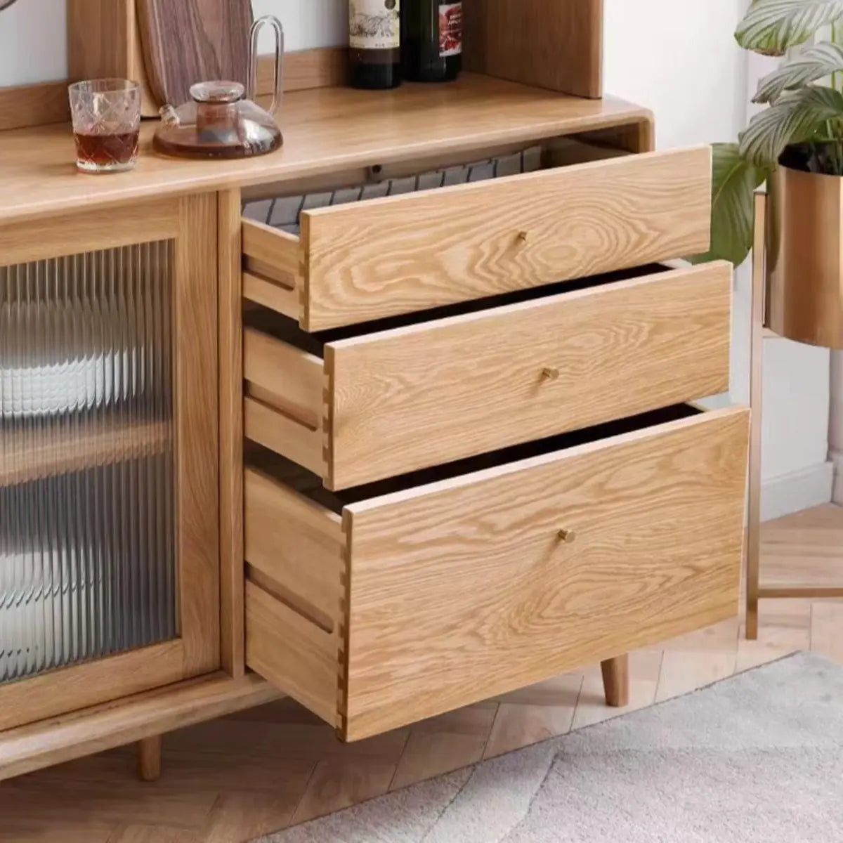 Natural Oak Sliding Door Open Storage Sideboard with Drawers Image - 17