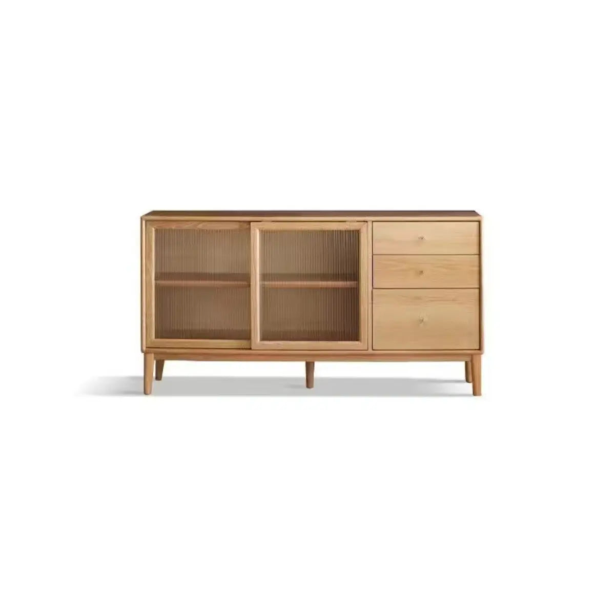 Natural Oak Sliding Door Open Storage Sideboard with Drawers Image - 18