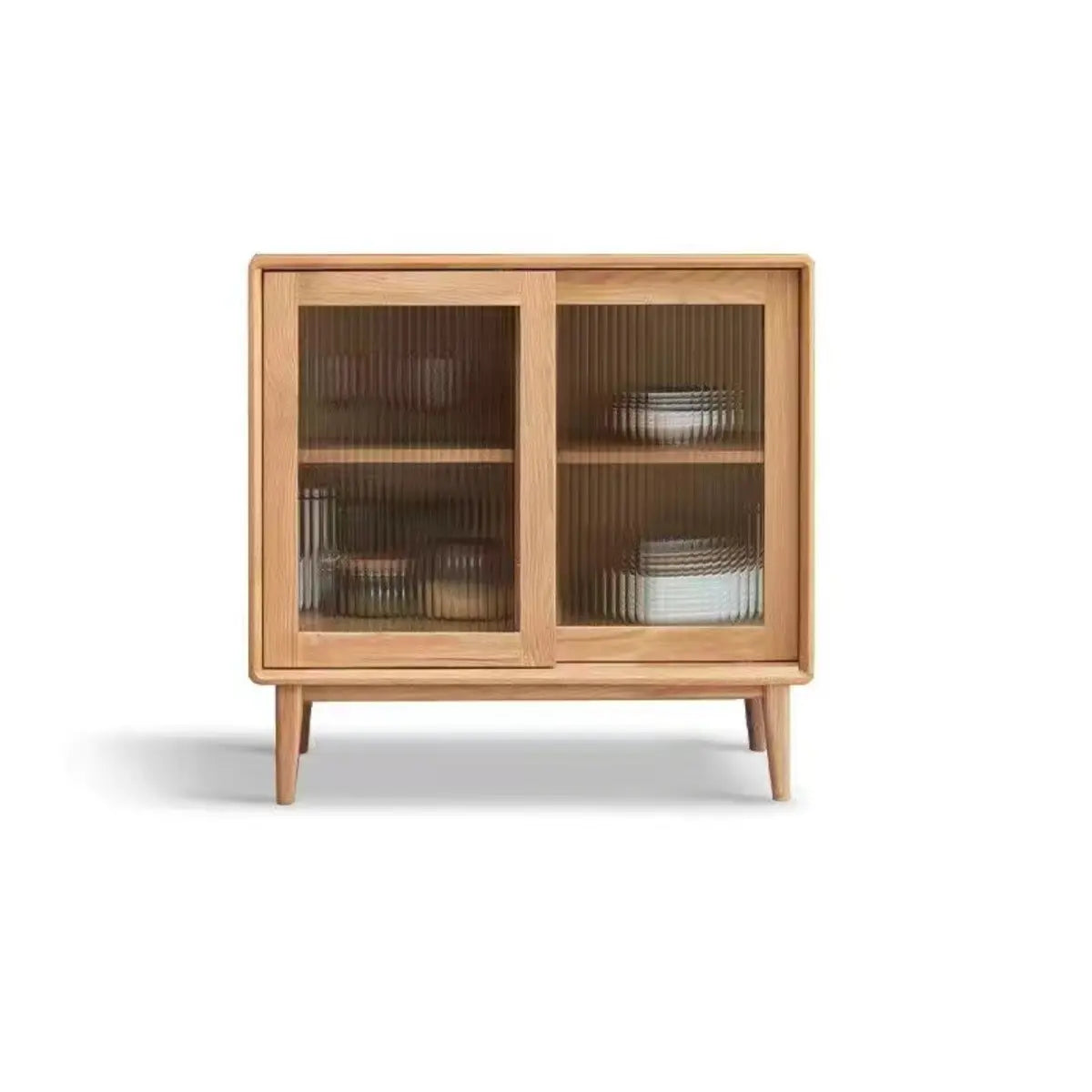 Natural Oak Sliding Door Open Storage Sideboard with Drawers Image - 2