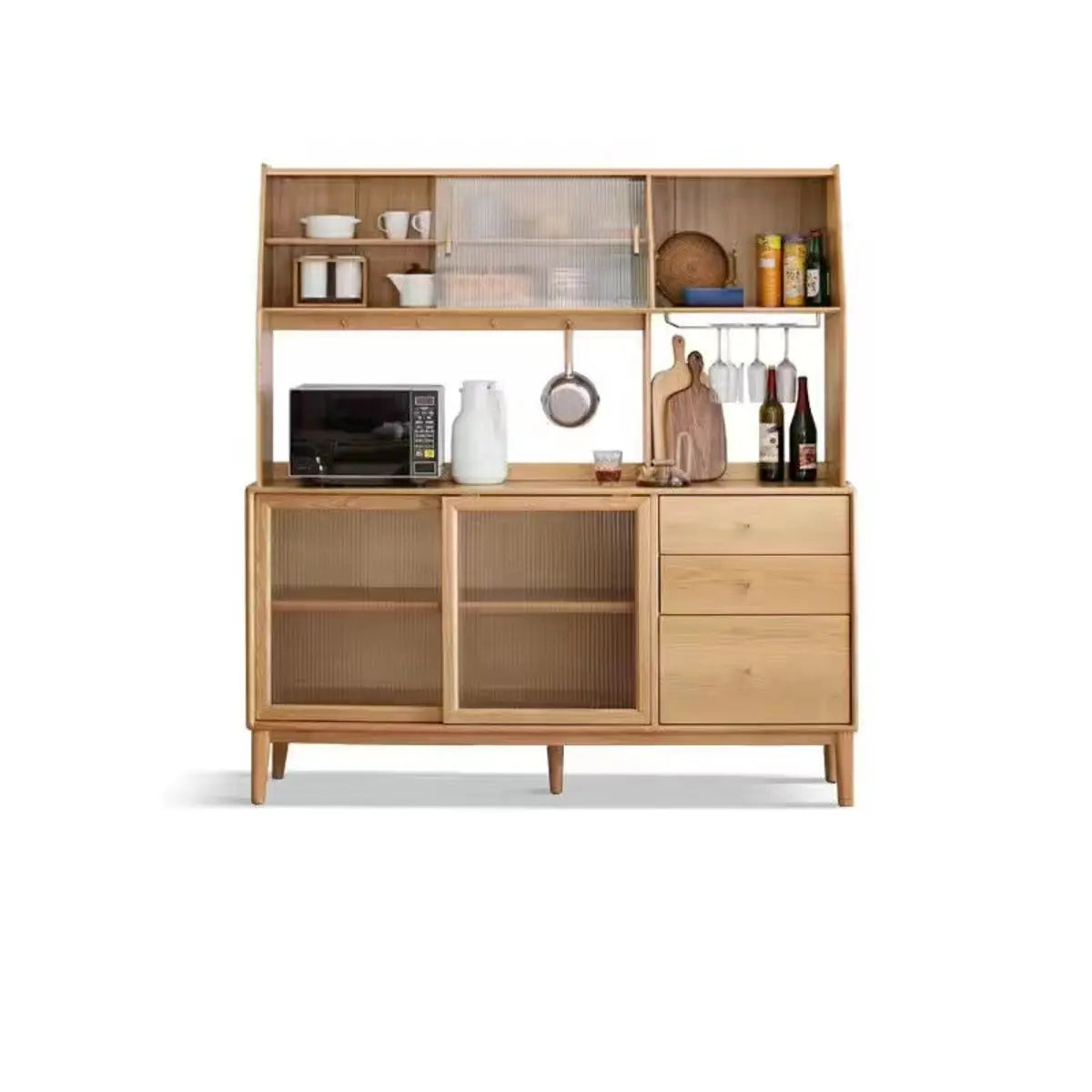 Natural Oak Sliding Door Open Storage Sideboard with Drawers Image - 20