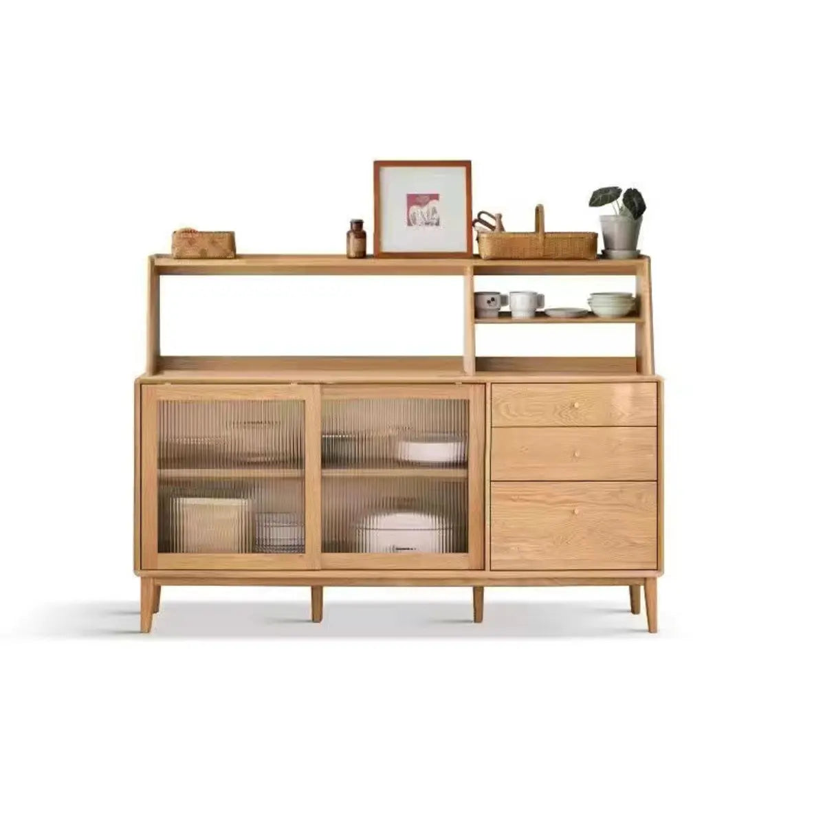 Natural Oak Sliding Door Open Storage Sideboard with Drawers Image - 21
