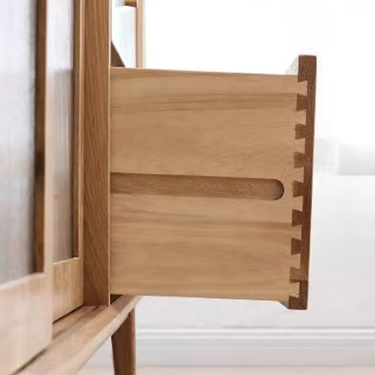 Natural Oak Sliding Door Open Storage Sideboard with Drawers Image - 22