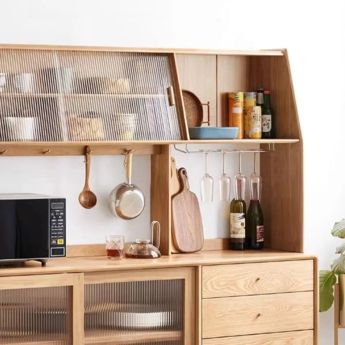 Natural Oak Sliding Door Open Storage Sideboard with Drawers Image - 23