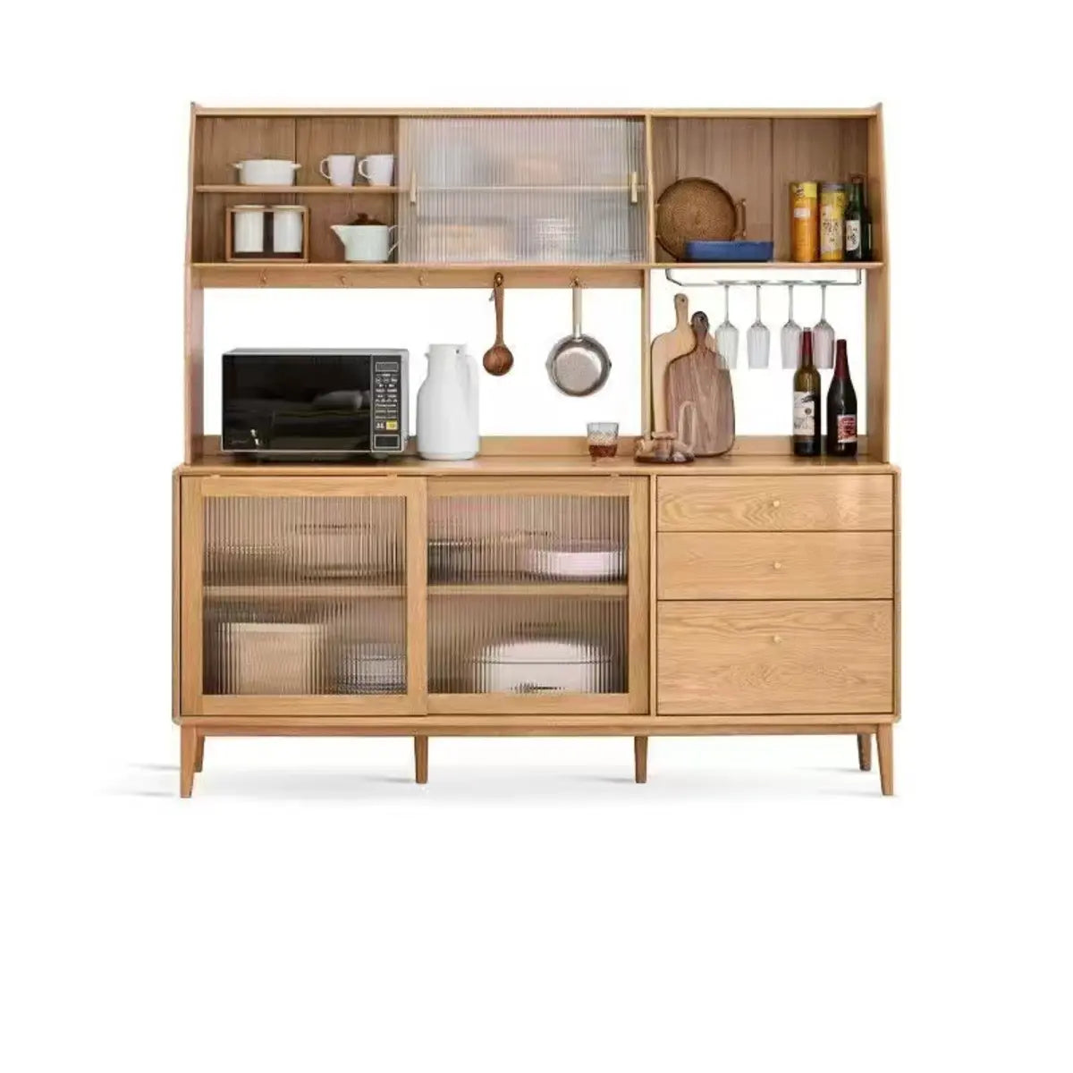 Natural Oak Sliding Door Open Storage Sideboard with Drawers Image - 24