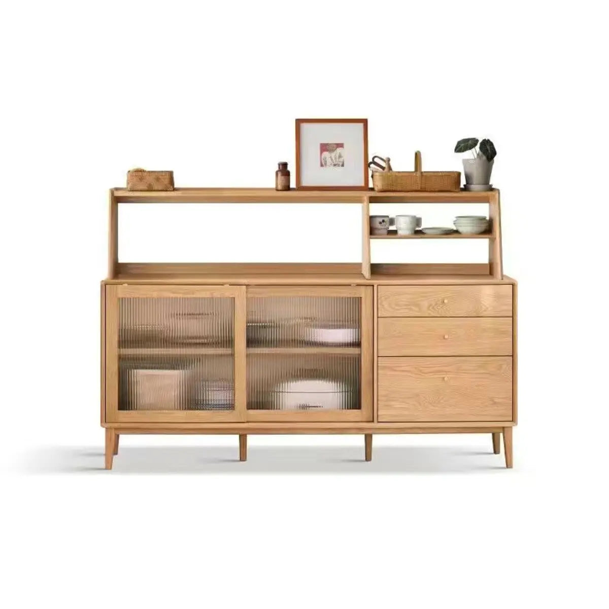 Natural Oak Sliding Door Open Storage Sideboard with Drawers Image - 25