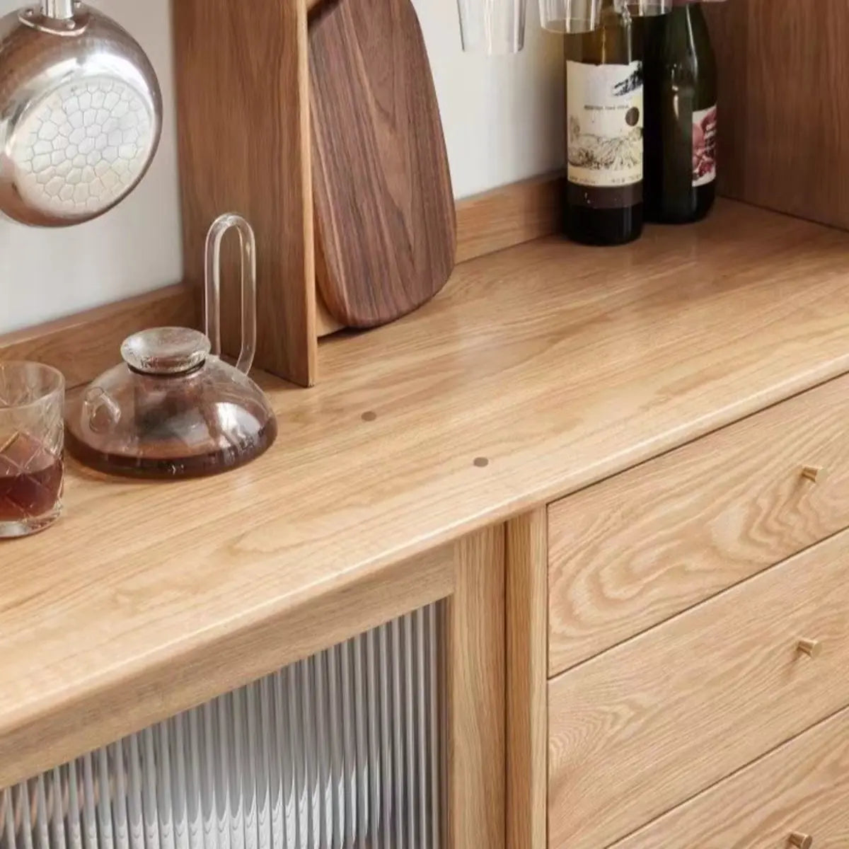 Natural Oak Sliding Door Open Storage Sideboard with Drawers Image - 26