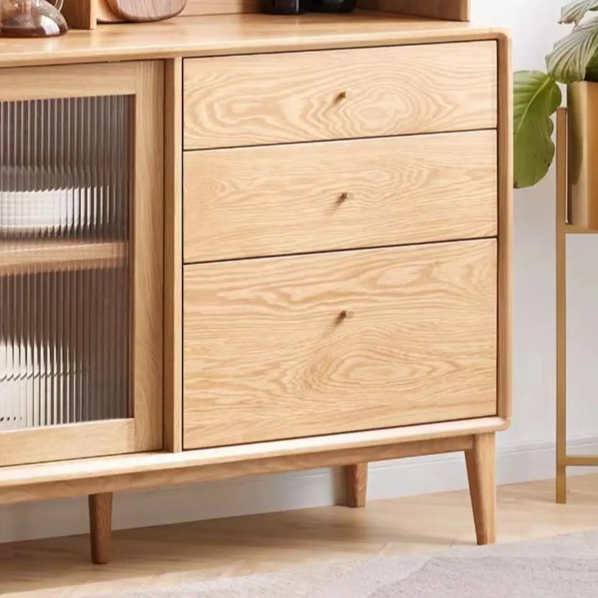 Natural Oak Sliding Door Open Storage Sideboard with Drawers Image - 27
