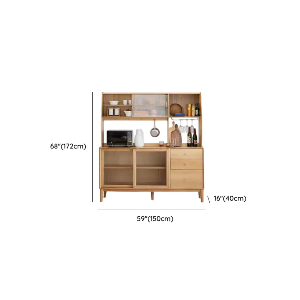 Natural Oak Sliding Door Open Storage Sideboard with Drawers Image - 29