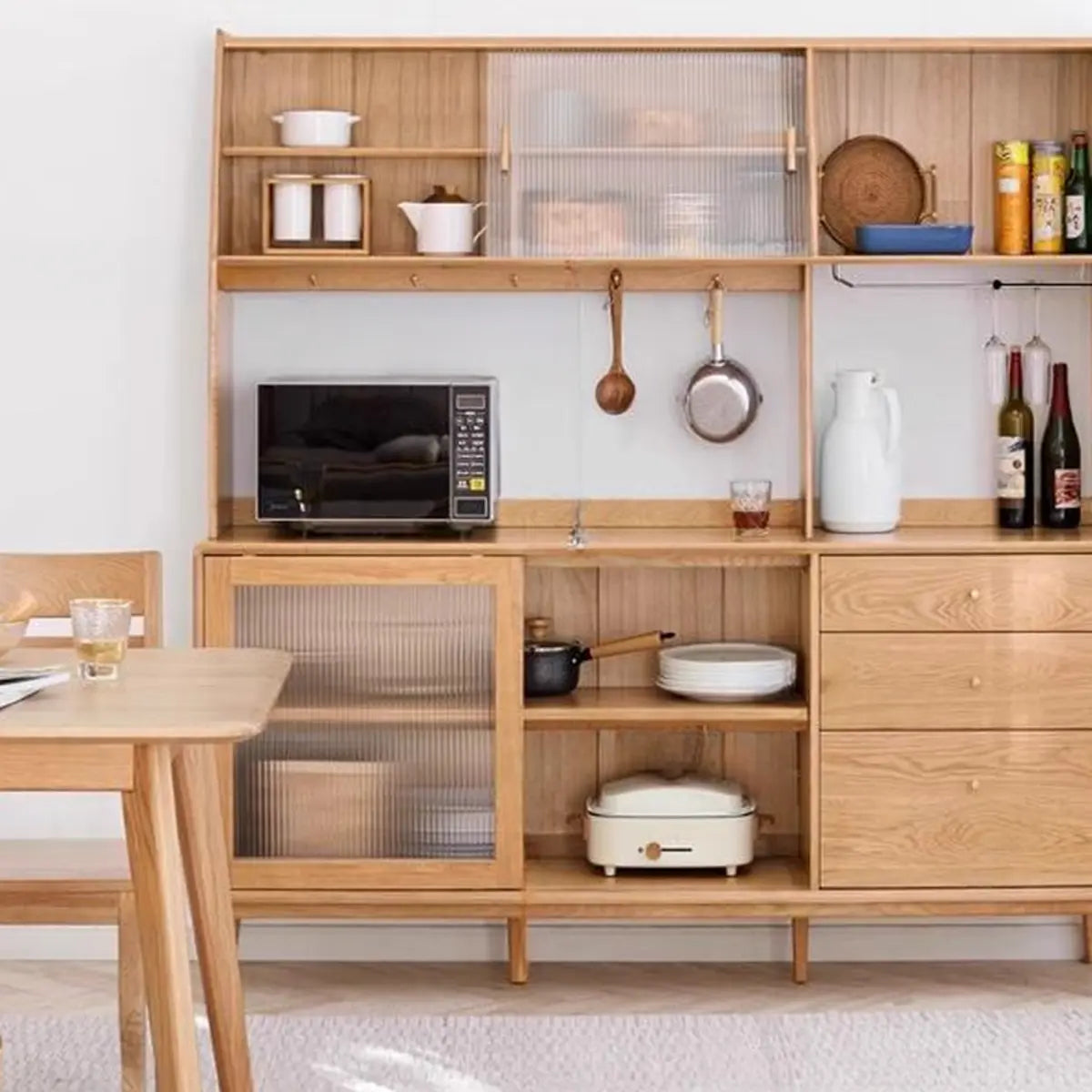 Natural Oak Sliding Door Open Storage Sideboard with Drawers Image - 3