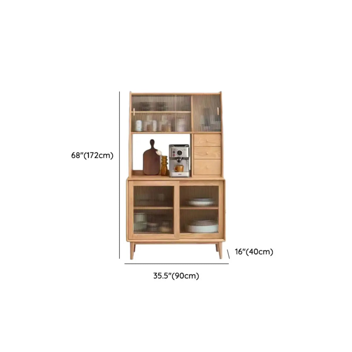 Natural Oak Sliding Door Open Storage Sideboard with Drawers Image - 36