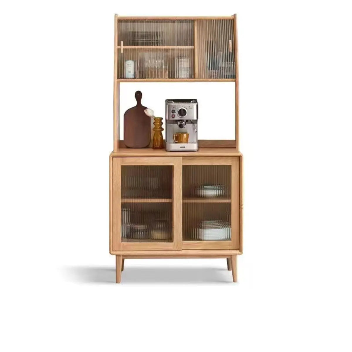 Natural Oak Sliding Door Open Storage Sideboard with Drawers Image - 4