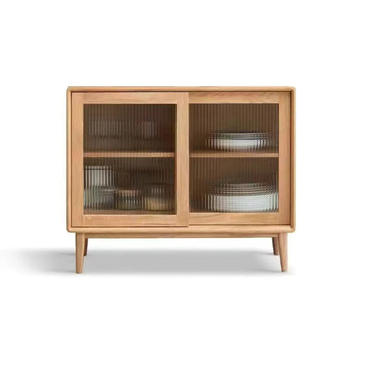 Natural Oak Sliding Door Open Storage Sideboard with Drawers Image - 5