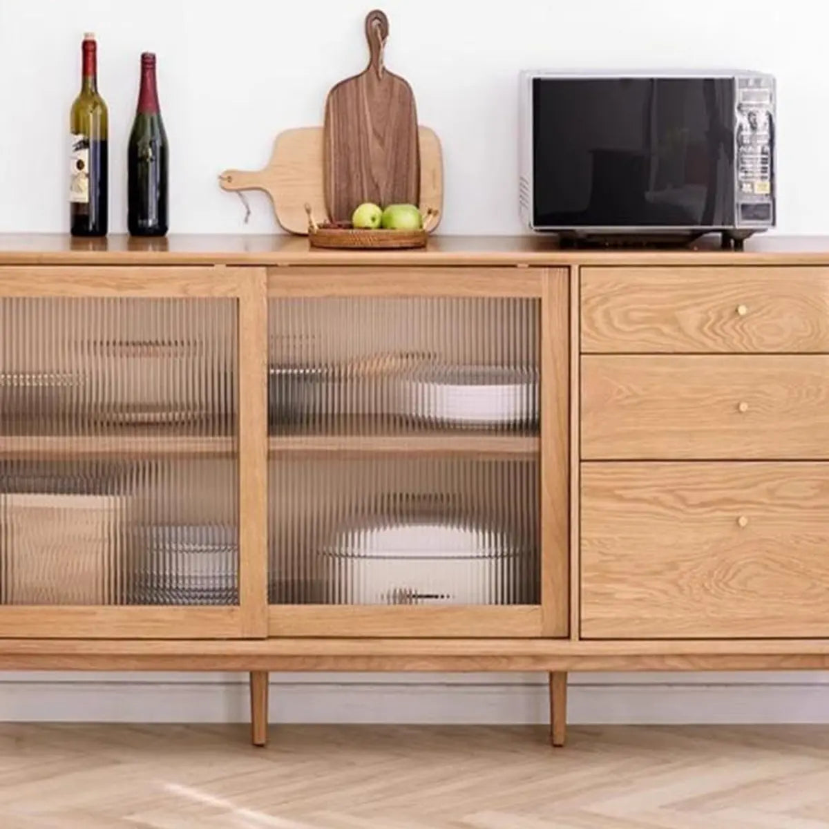 Natural Oak Sliding Door Open Storage Sideboard with Drawers Image - 6