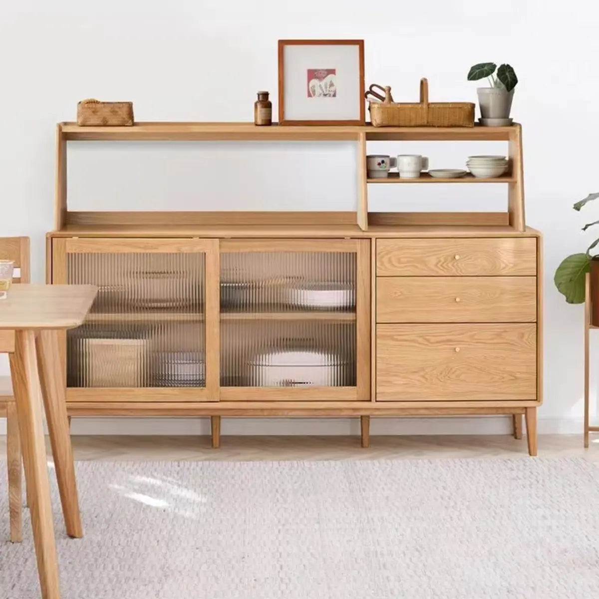 Natural Oak Sliding Door Open Storage Sideboard with Drawers Image - 7
