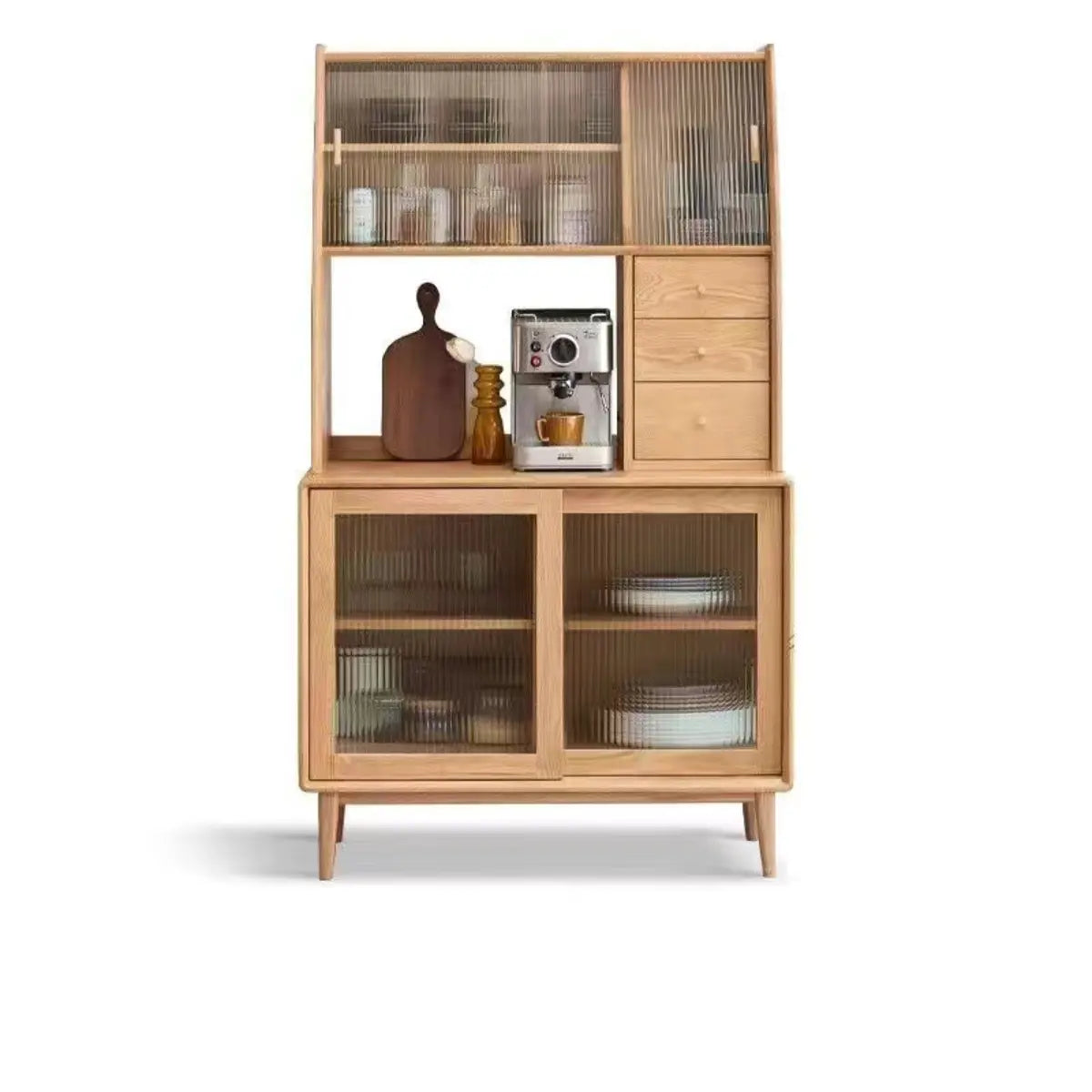 Natural Oak Sliding Door Open Storage Sideboard with Drawers Image - 8