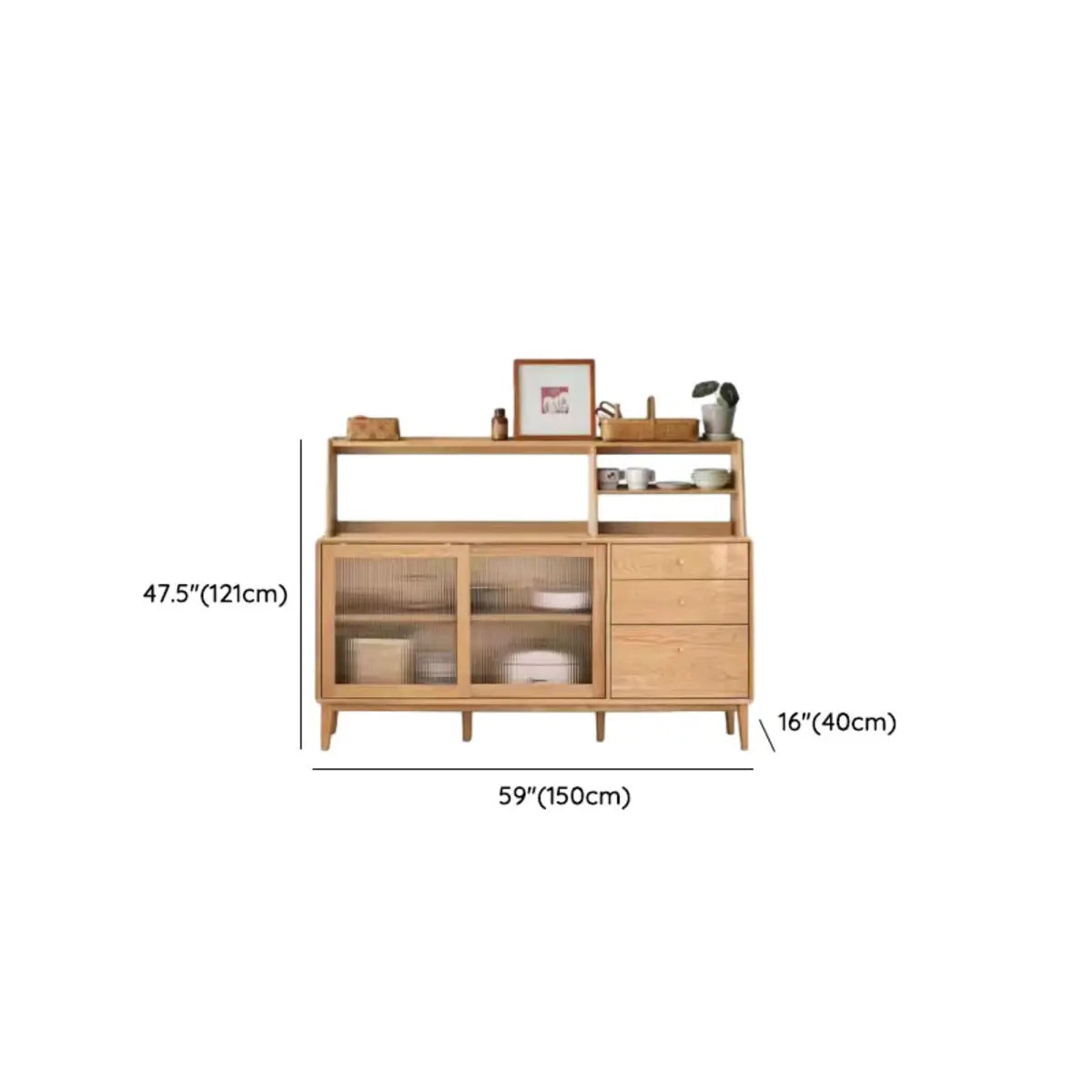 Natural Oak Sliding Door Open Storage Sideboard with Drawers Image - 39