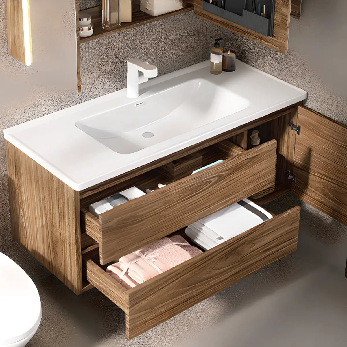 Natural Oak Wood Drawers Floating Bathroom Vanity with Sink Image - 4
