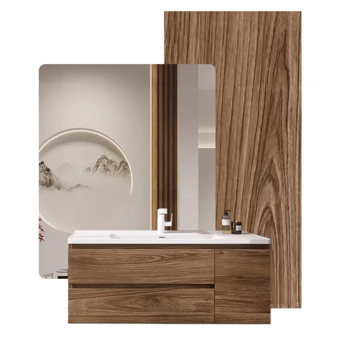 Natural Oak Wood Drawers Floating Bathroom Vanity with Sink Image - 6