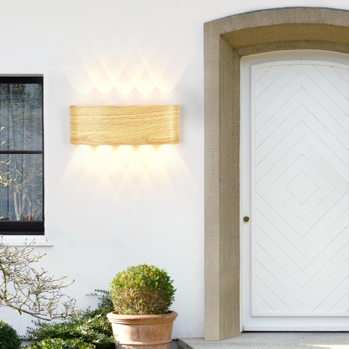 Natural Outdoor Wood Rectangular Up Down Wall Sconce Image - 1