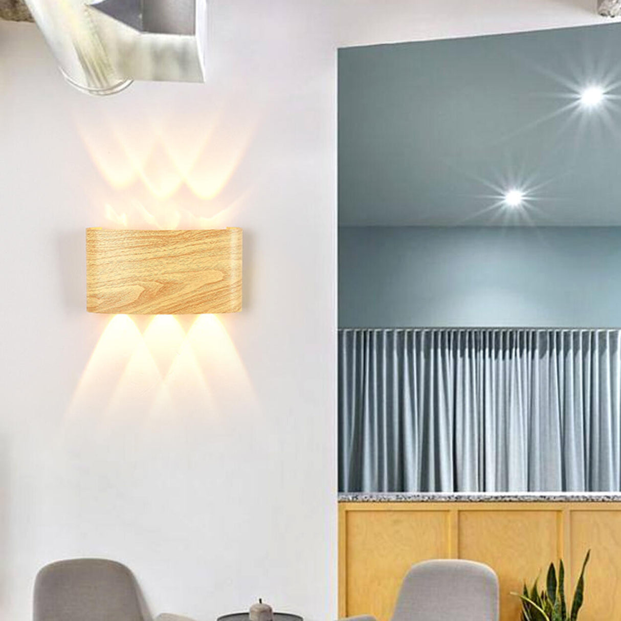 Natural Outdoor Wood Rectangular Up Down Wall Sconce Image - 6