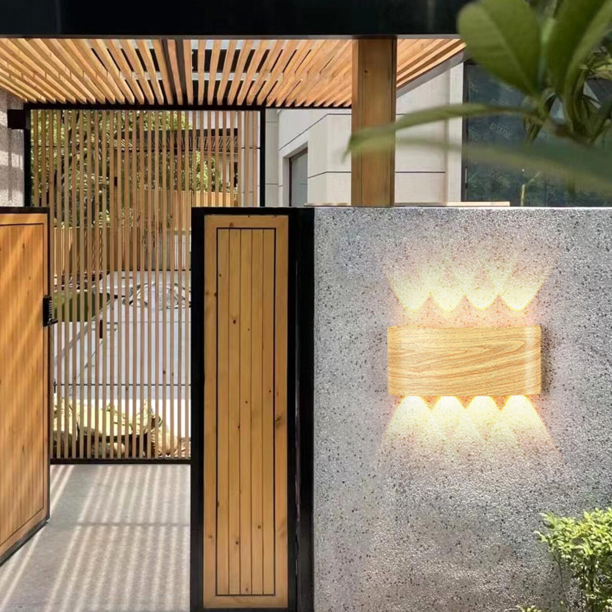 Natural Outdoor Wood Rectangular Up Down Wall Sconce Image - 8