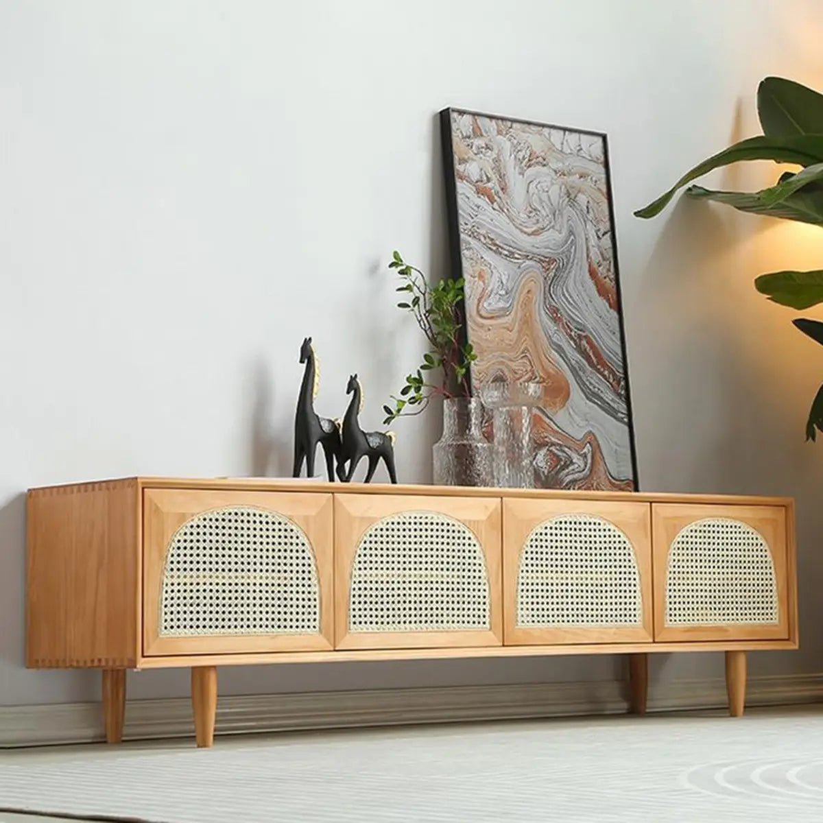 Natural Pine Wood 1 Tier Rectangle Cabinet TV Stand Image - 10