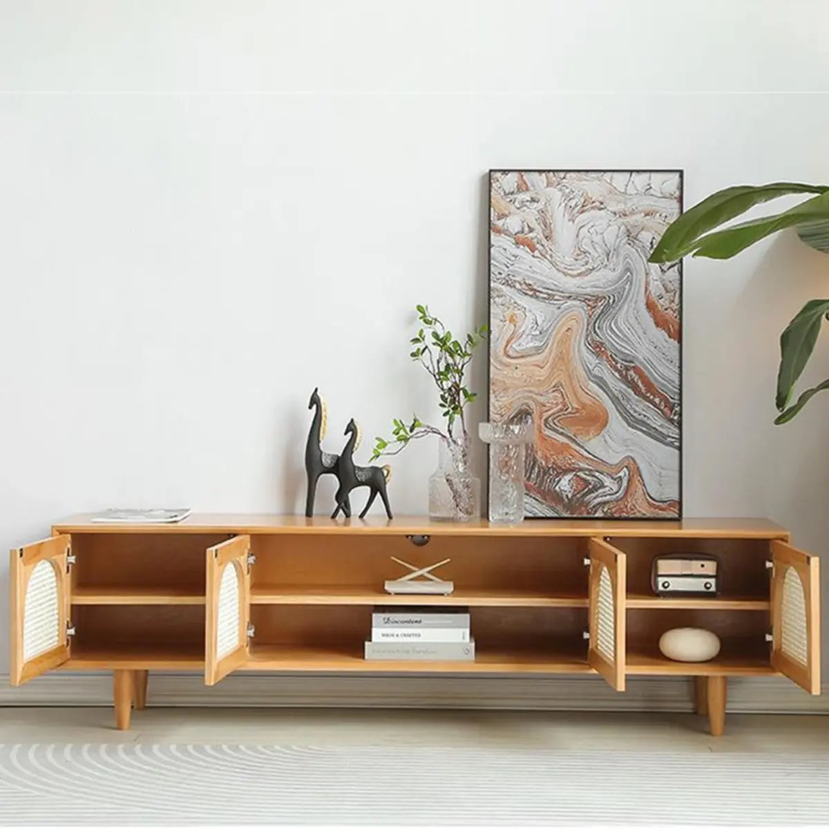 Natural Pine Wood 1 Tier Rectangle Cabinet TV Stand Image - 6