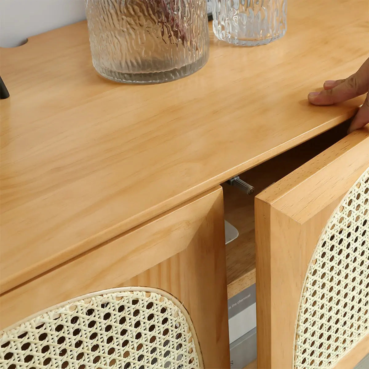 Natural Pine Wood 1 Tier Rectangle Cabinet TV Stand Image - 8