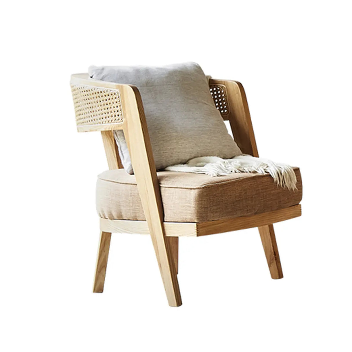 Natural Rattan Low Back Leather Beige Lounge Accent Chair Image - 3