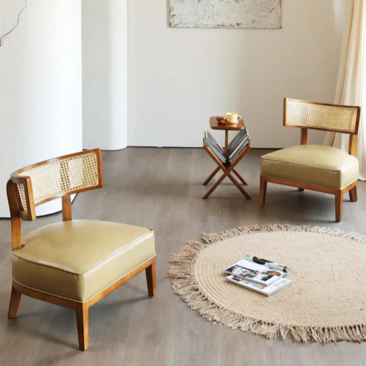 Natural Rattan Low Back Leather Beige Lounge Accent Chair Image - 7