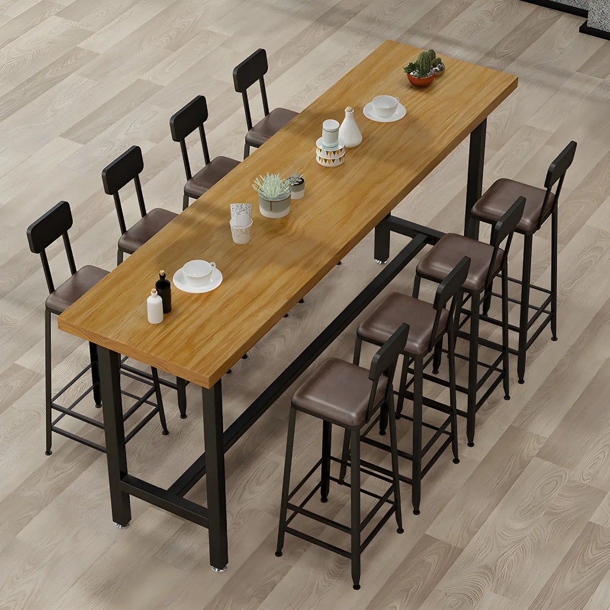 Natural Rectangle Wood Bistro Bar Table with Footrest Image - 3
