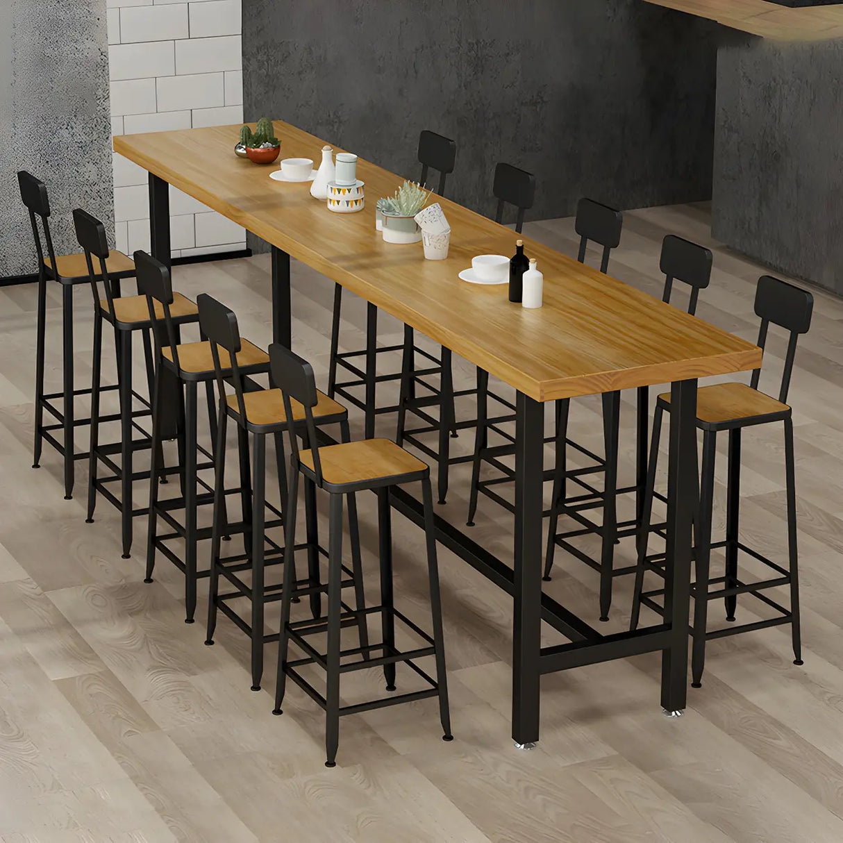 Natural Rectangle Wood Bistro Bar Table with Footrest Image - 4