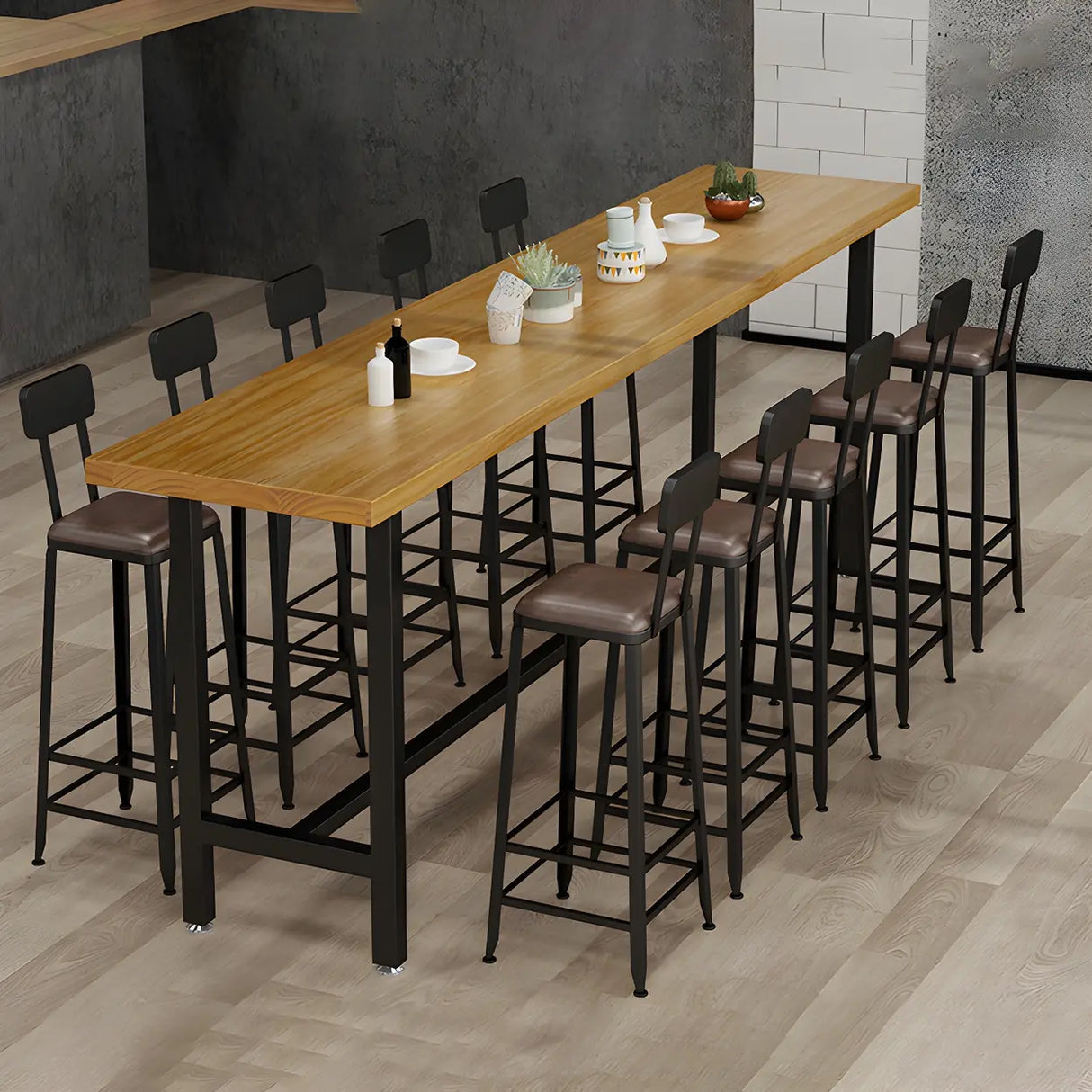 Natural Rectangle Wood Bistro Bar Table with Footrest Image - 6