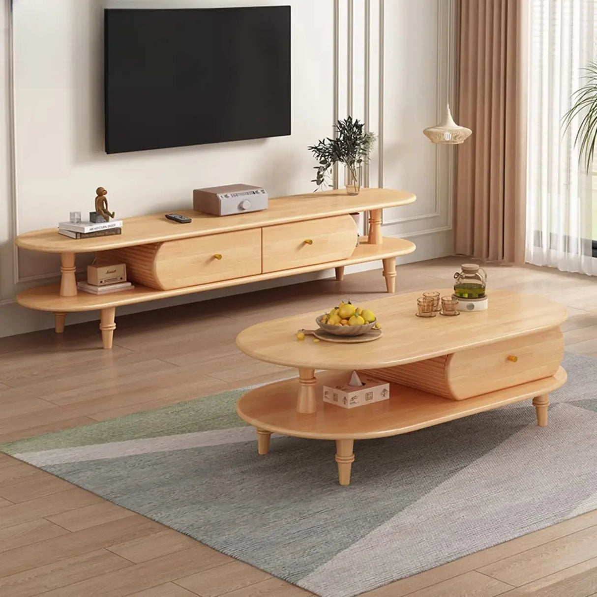 Natural Rectangle Wood Long Open Storage TV Stand Image - 1
