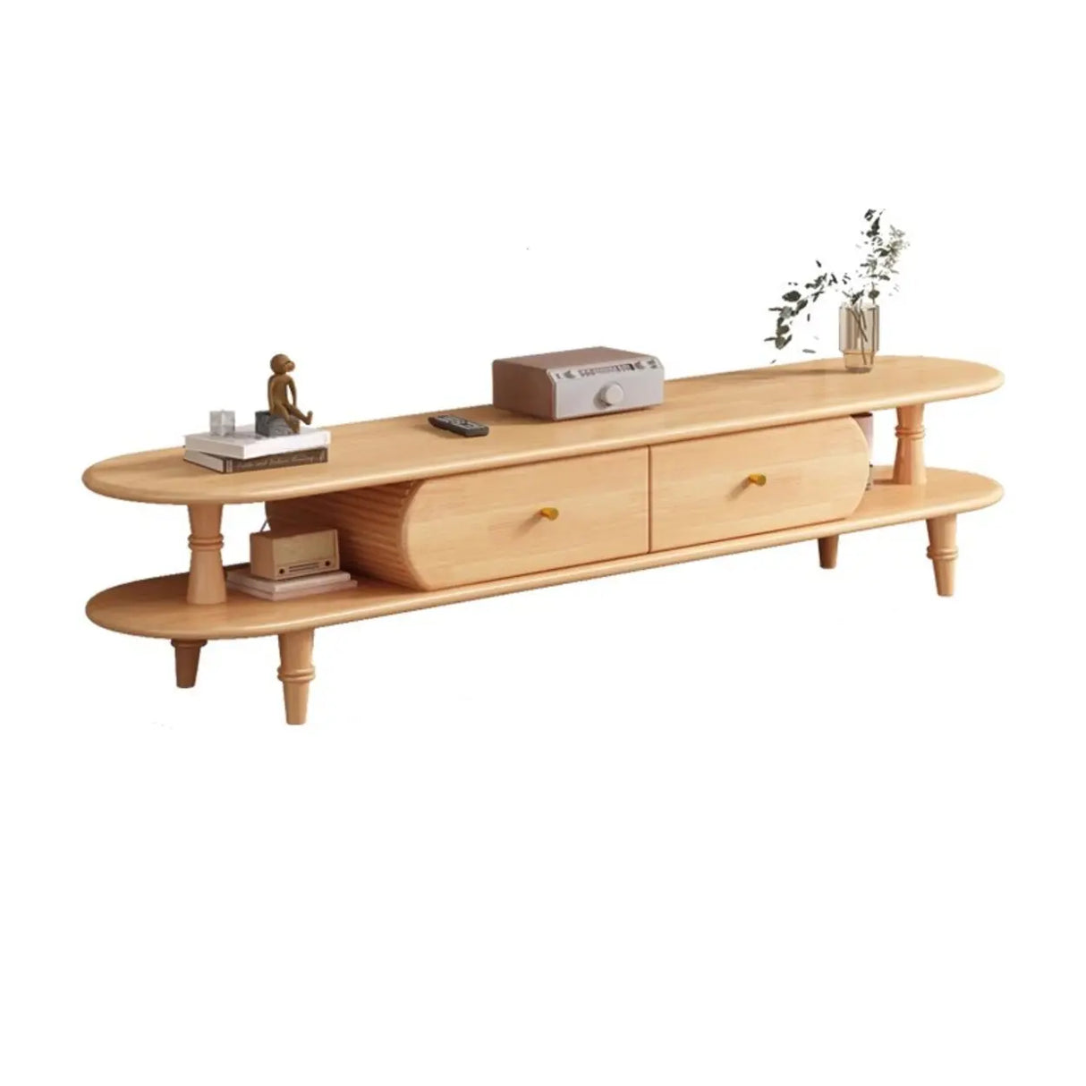 Natural Rectangle Wood Long Open Storage TV Stand Image - 5