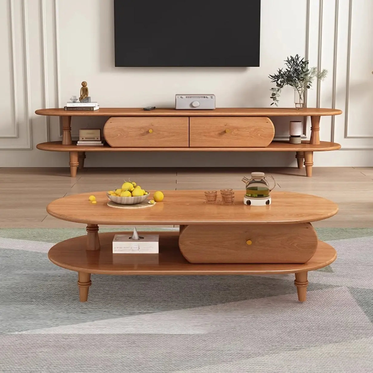 Natural Rectangle Wood Long Open Storage TV Stand Image - 6