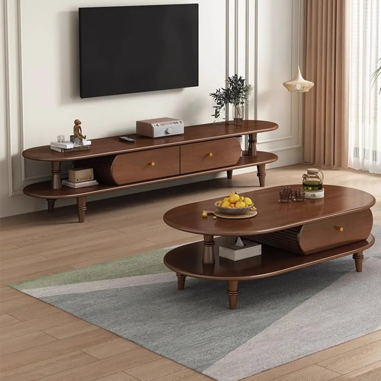 Natural Rectangle Wood Long Open Storage TV Stand Image - 8