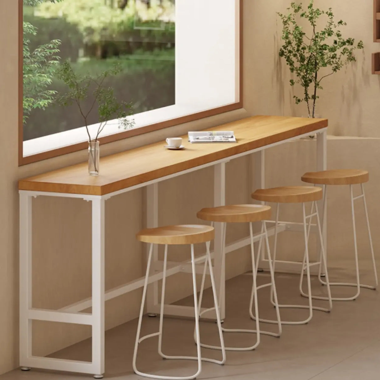 Natural Rectangular Wood Long Bar Table with Metal Legs Image - 1