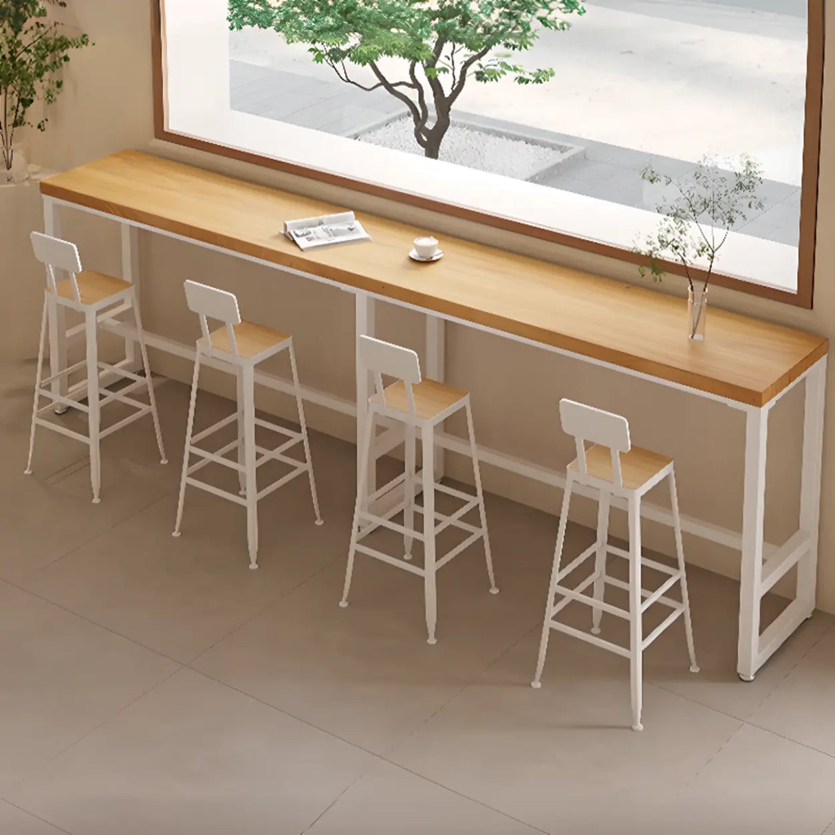 Natural Rectangular Wood Long Bar Table with Metal Legs Image - 5