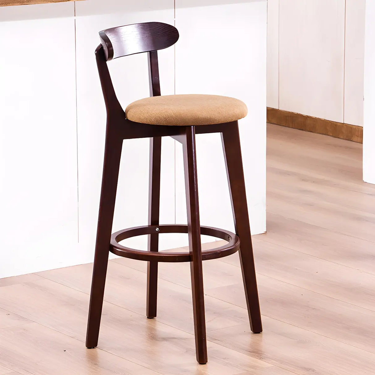 Natural Round Beech Cotton Backrest Wood Bar Stool Image - 10