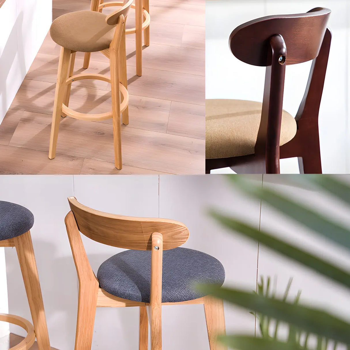 Natural Round Beech Cotton Backrest Wood Bar Stool Image - 11