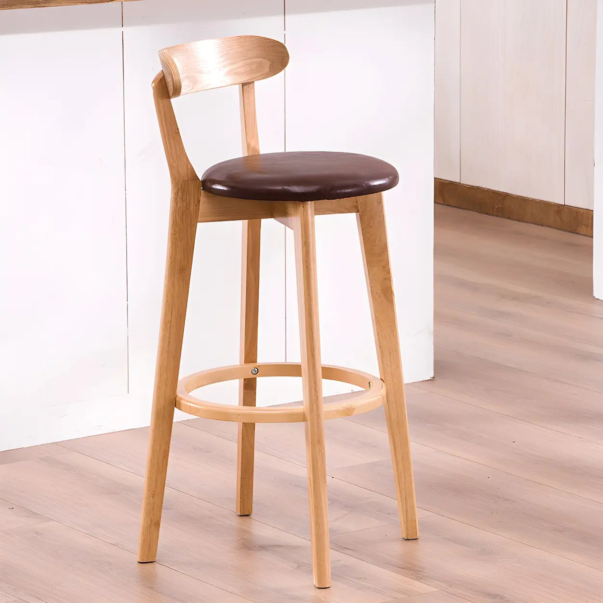 Natural Round Beech Cotton Backrest Wood Bar Stool Image - 17
