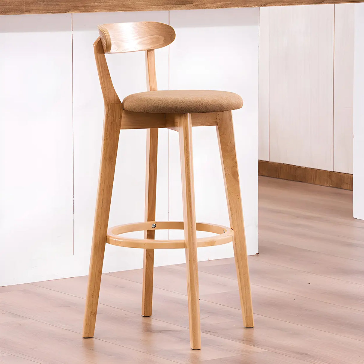Natural Round Beech Cotton Backrest Wood Bar Stool Image - 32