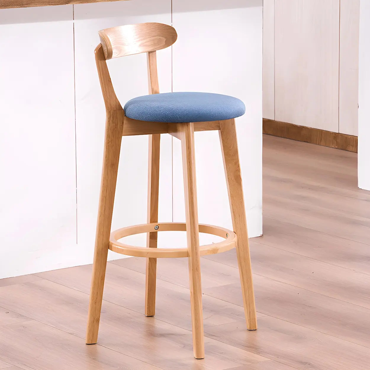 Natural Round Beech Cotton Backrest Wood Bar Stool Image - 38